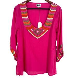 NEW NWT Mud Pie Large 12-14 Womens Pink Beaded Wearable Art Shirt Top Blouse